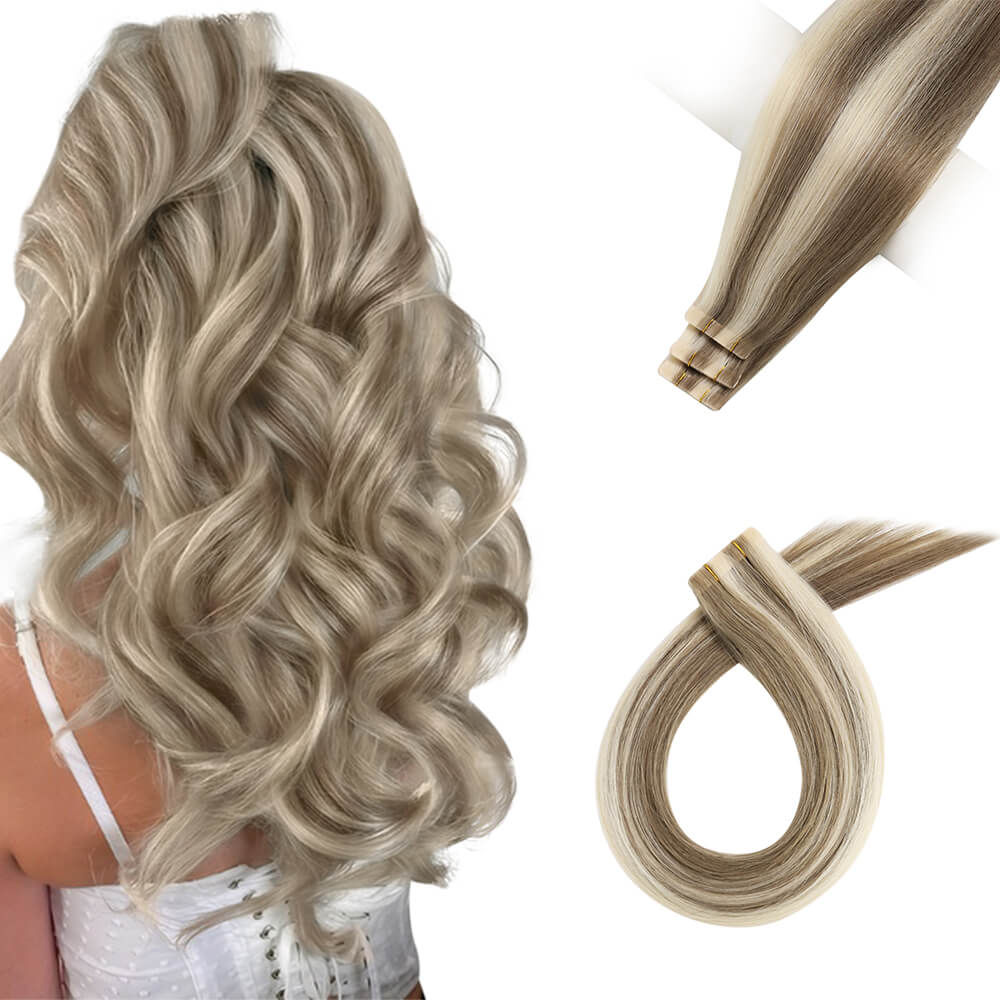 Seamless Virgin Tape in Hair Extensions Injected Tape on Hair Brown with  Bleach Blonde P8/60