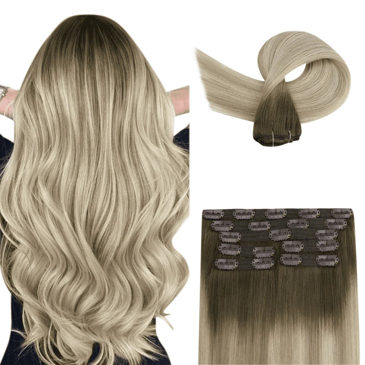 Virgin Human Hair Clip in Extensions Seamless Balayage Brown Blonde 