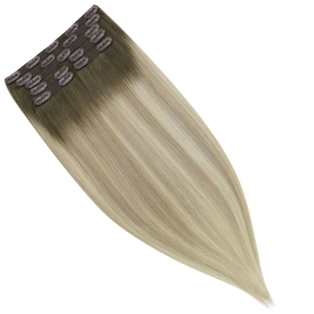 Virgin Human Hair Clip in Extensions Seamless Balayage Brown Blonde 