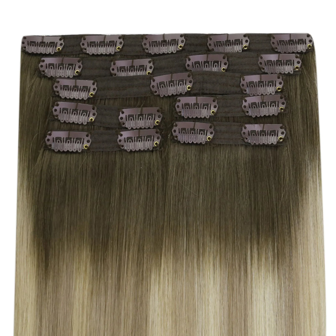 Virgin Human Hair Clip in Extensions Seamless Balayage Brown Blonde 