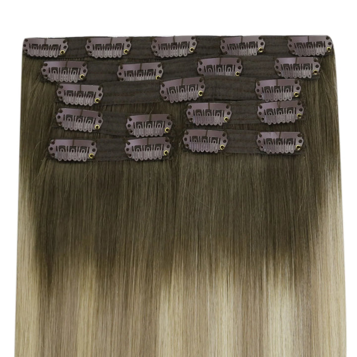 Virgin Human Hair Clip in Extensions Seamless Balayage Brown Blonde 