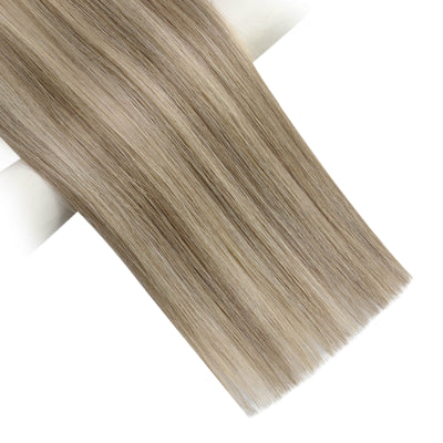 Flat Silk Weft PU Sew In Virgin Hair Balayage Brown Mixed Blonde Double Weft Hair #8/8/613