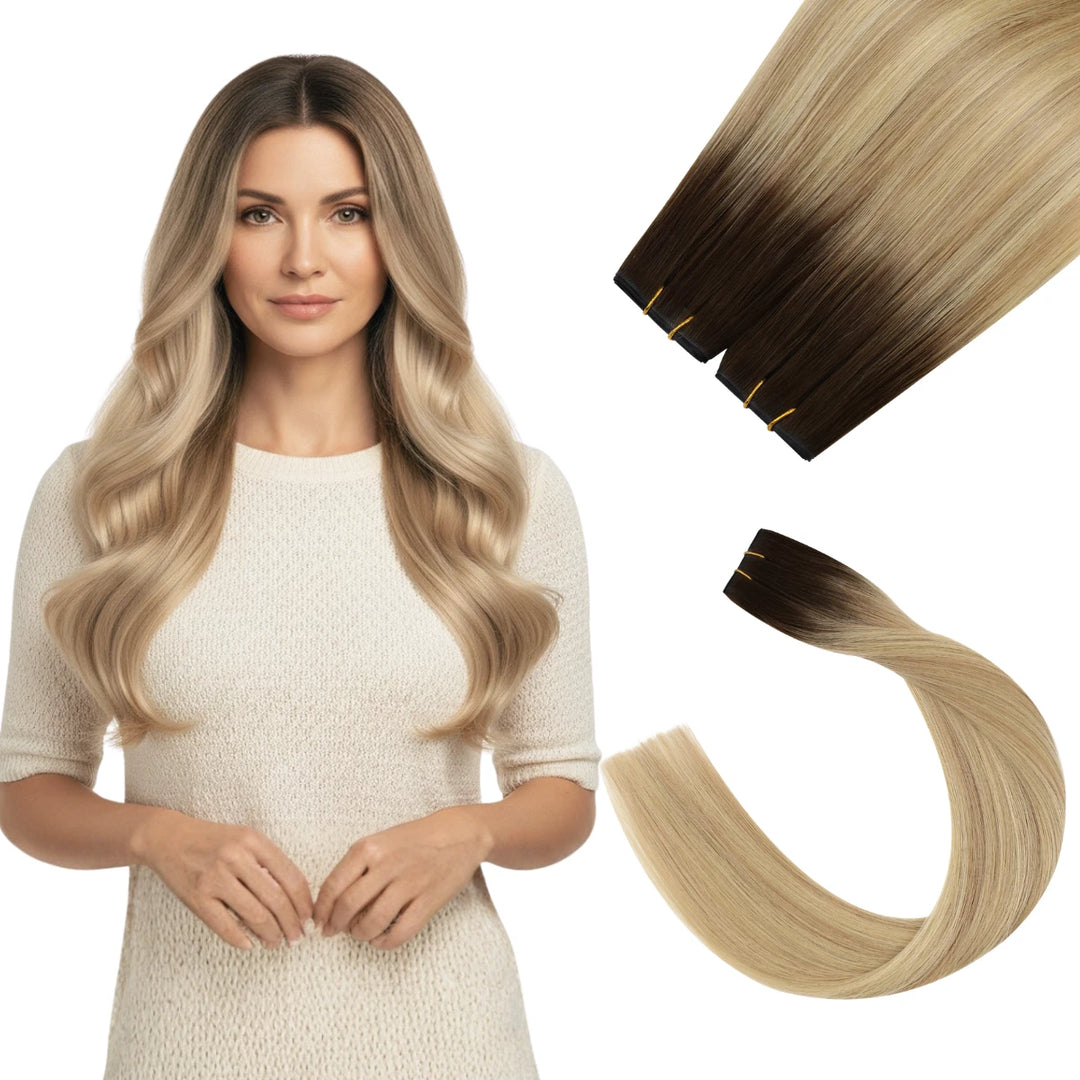 Caramel and honey blonde balayage butterfly wefts for a rich, sun-kissed glow.