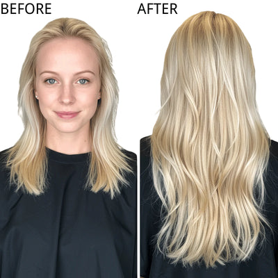 Thin hair vs. full-volume hair after using tape-in extensions.