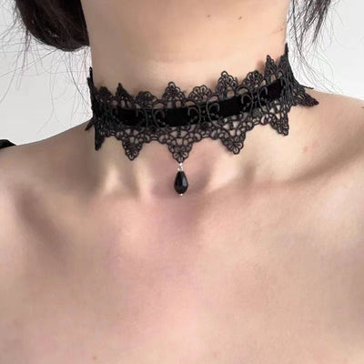 Black gothic lace velvet choker necklace for Halloween costumes and everyday outfits.