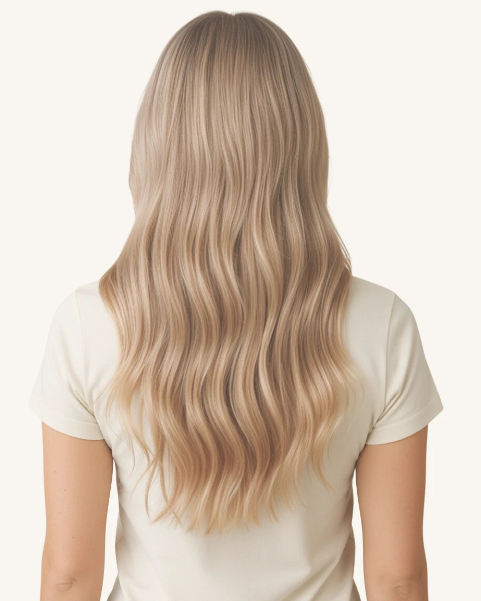 Highlight blonde clip-in extensions offering soft, full volume and a natural look for thick hair.
