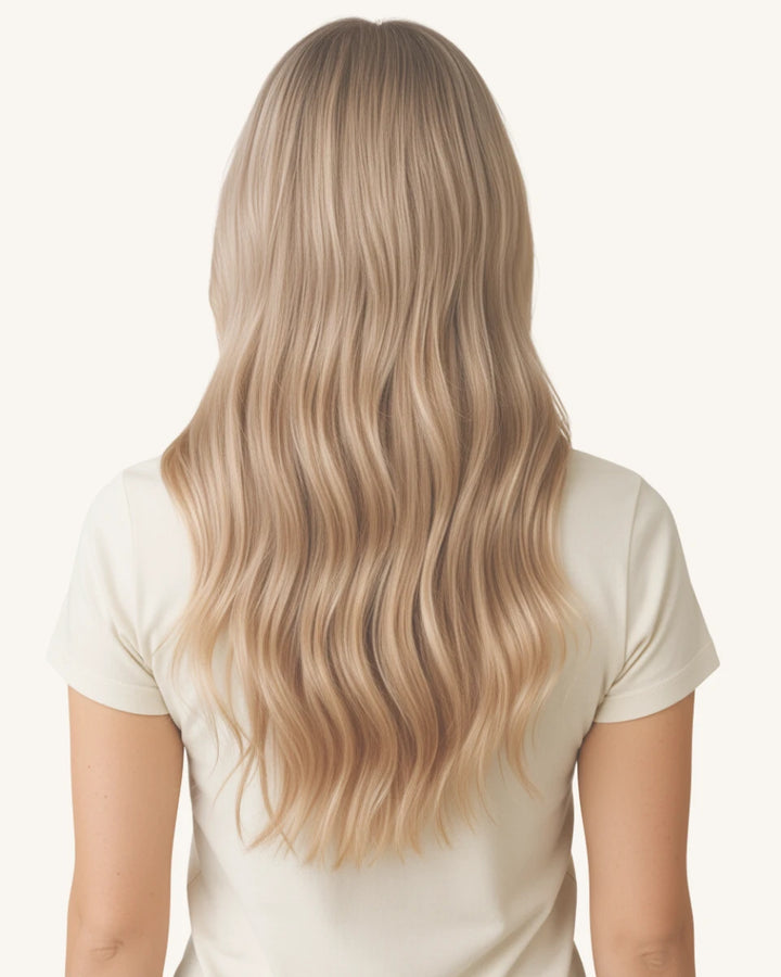 Highlight blonde clip-in extensions offering soft, full volume and a natural look for thick hair.