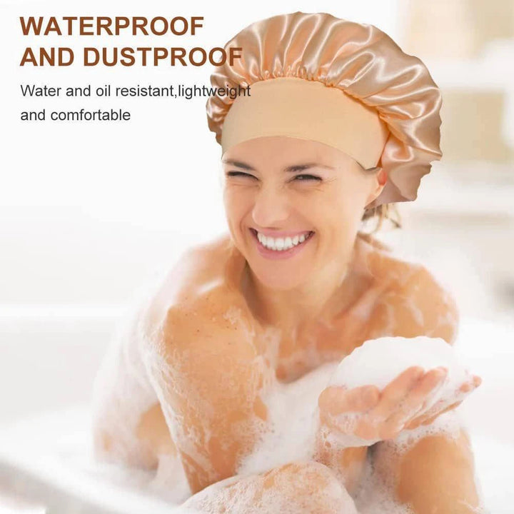 A satin-like sleep hood that covers the hair to prevent damage.