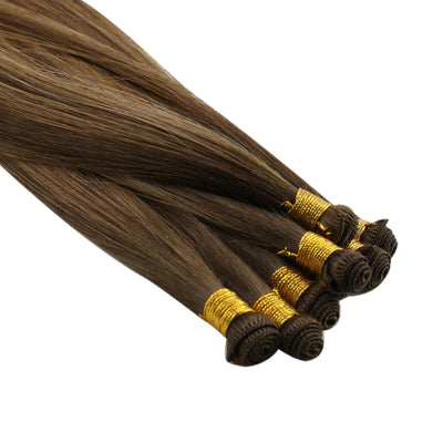 Balayage Brown with Blonde Human Hair Hand Tied Human Hair Weft Virgin Hair Weft Extensions #DU