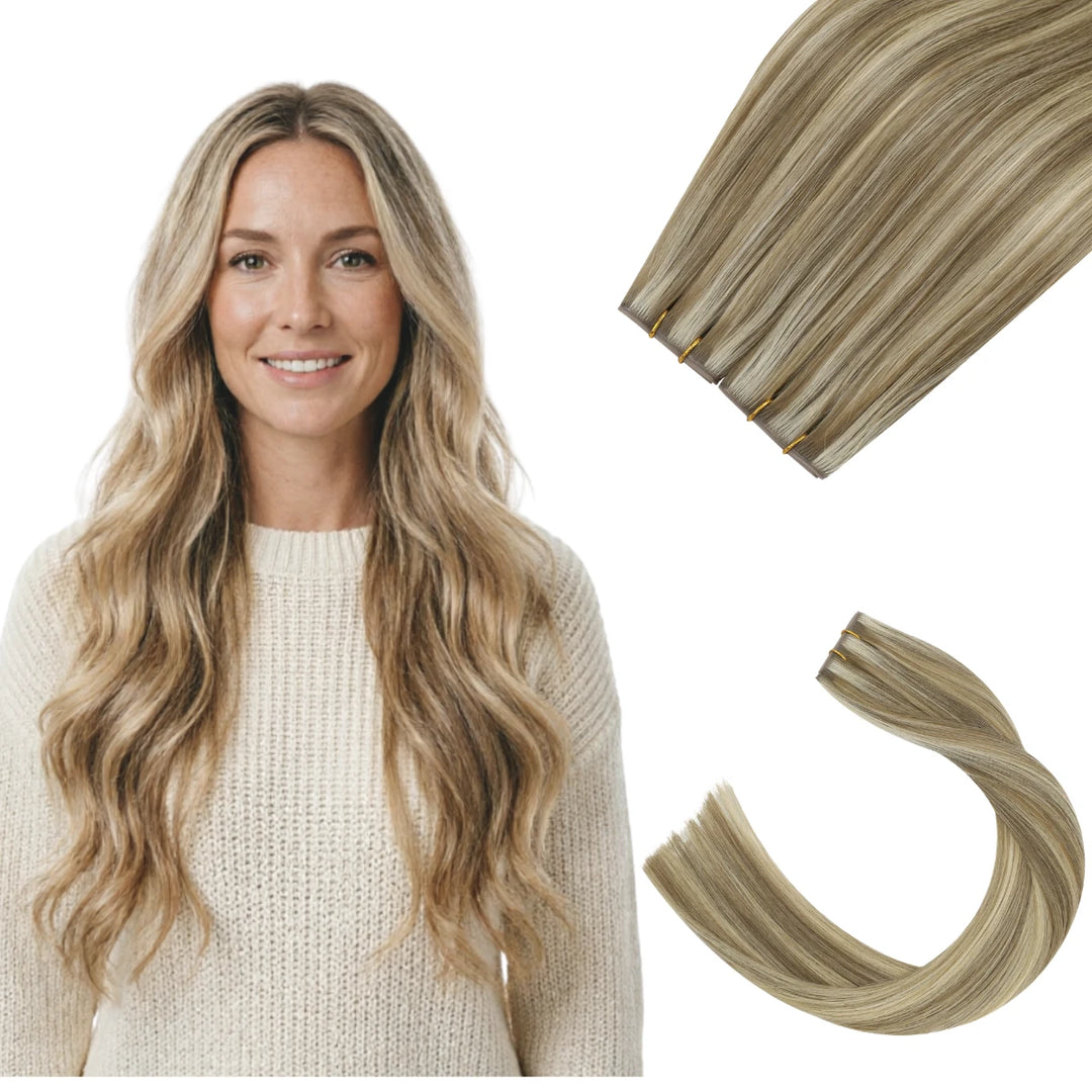 High-quality butterfly weft extensions in a stunning blonde with natural-looking highlights.
