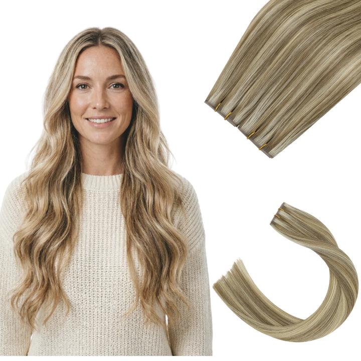 High-quality butterfly weft extensions in a stunning blonde with natural-looking highlights.