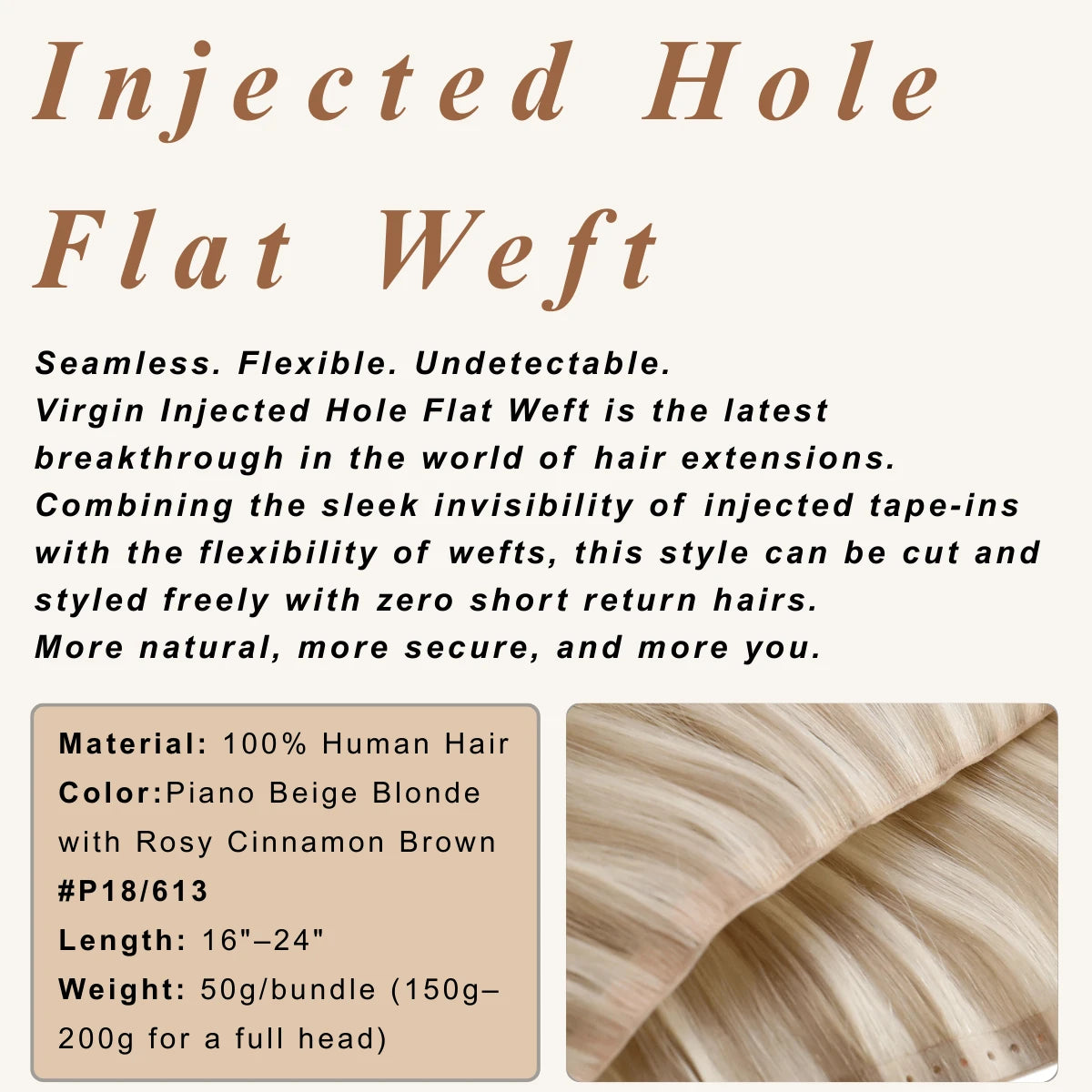 100% Human Hair Butterfly Weft Piano Beige Blonde Rosy Cinnamon Highlights