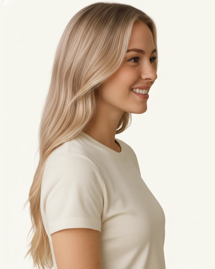 Blonde clip-in extensions designed to provide a natural look and volume for all hair types.