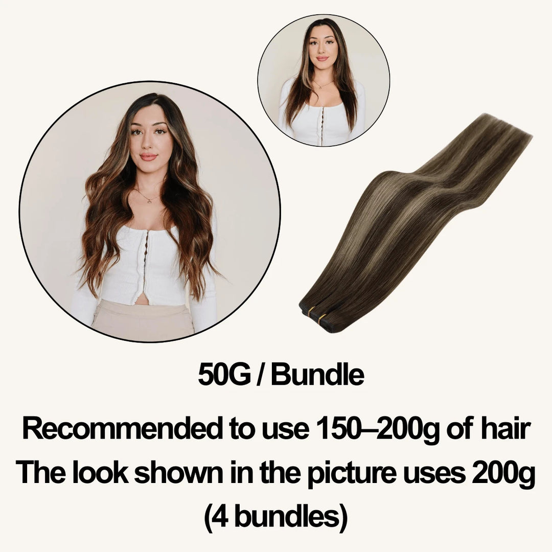 Woman showing before and after results with  4 bundles of invisible weft hair extensions