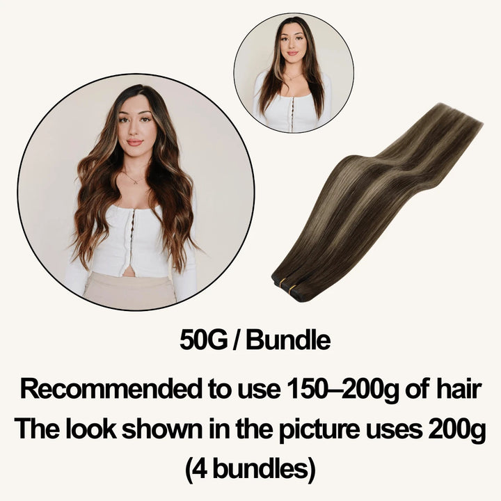 Woman showing before and after results with  4 bundles of invisible weft hair extensions
