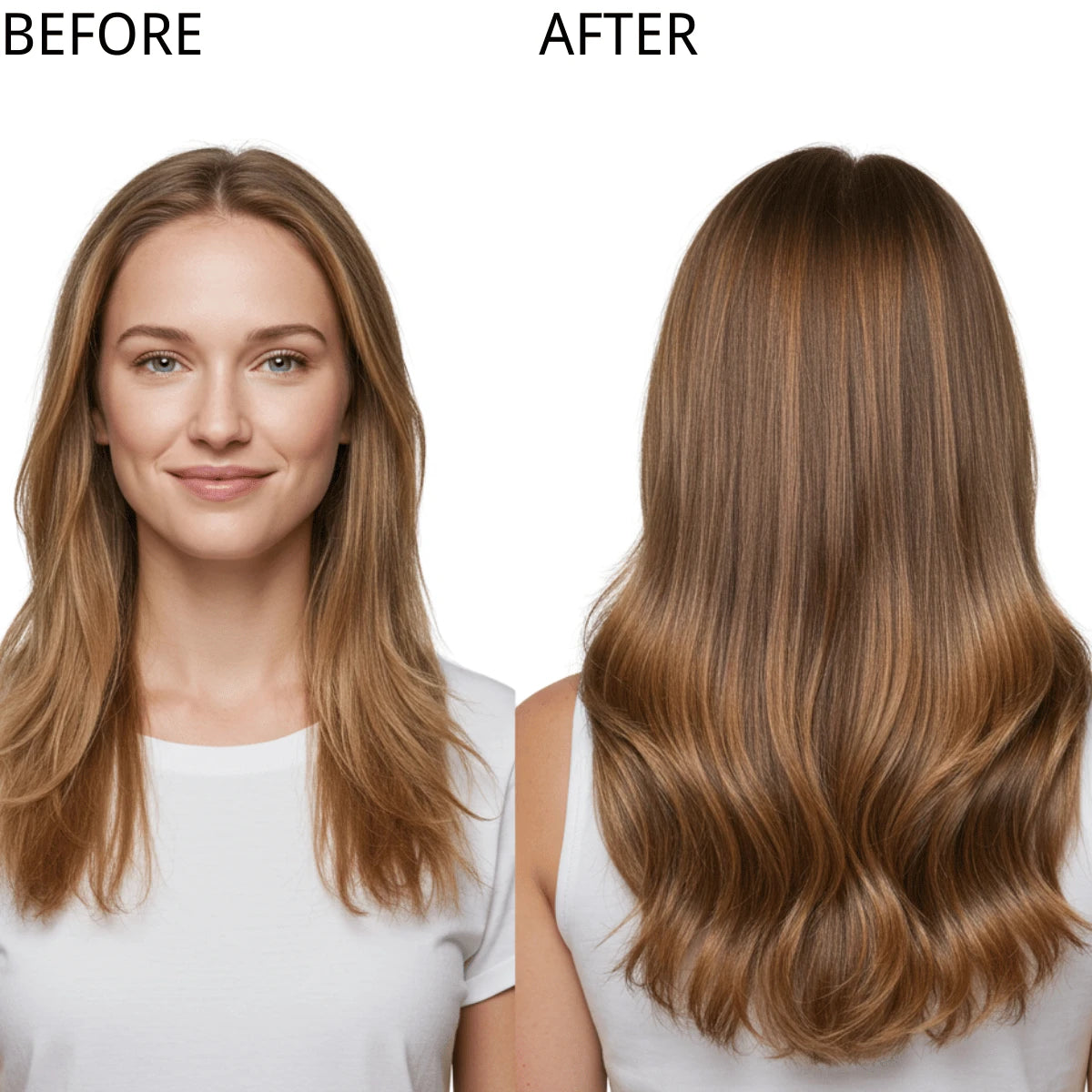How fusion hair extensions add length and volume – before vs. after comparison.