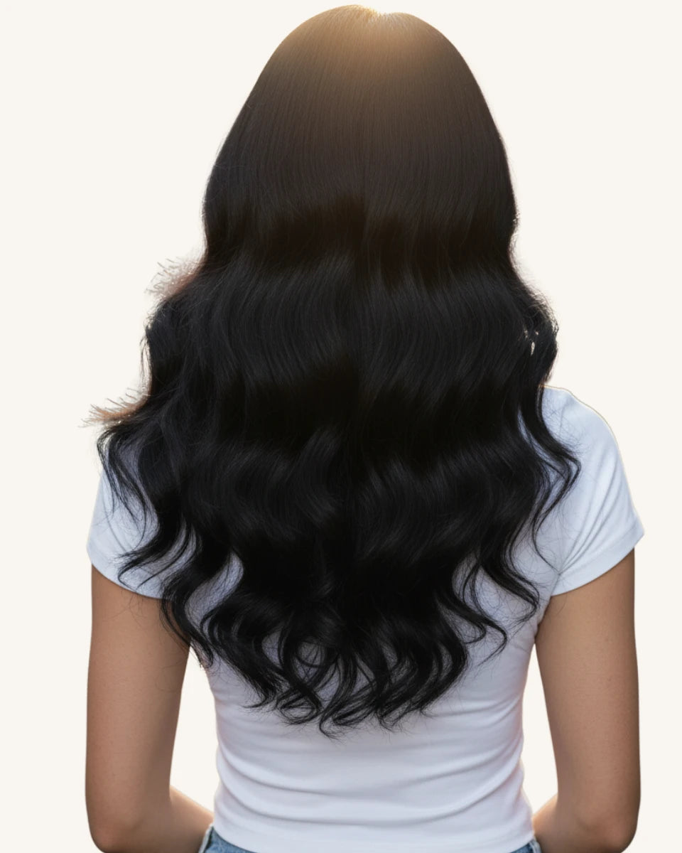 Fine hair model wearing clip in extensions