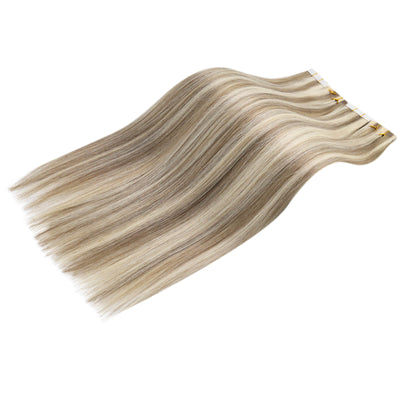 Tape in Hair Extension Brown Highlighted with Bleach Blonde Real Virgin Hair Glue in #P8/60