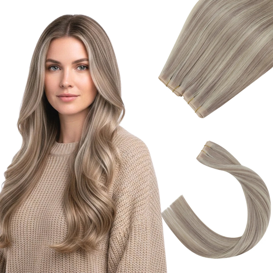 Premium butterfly weft hair extensions with subtle highlights, perfect for length and volume.
