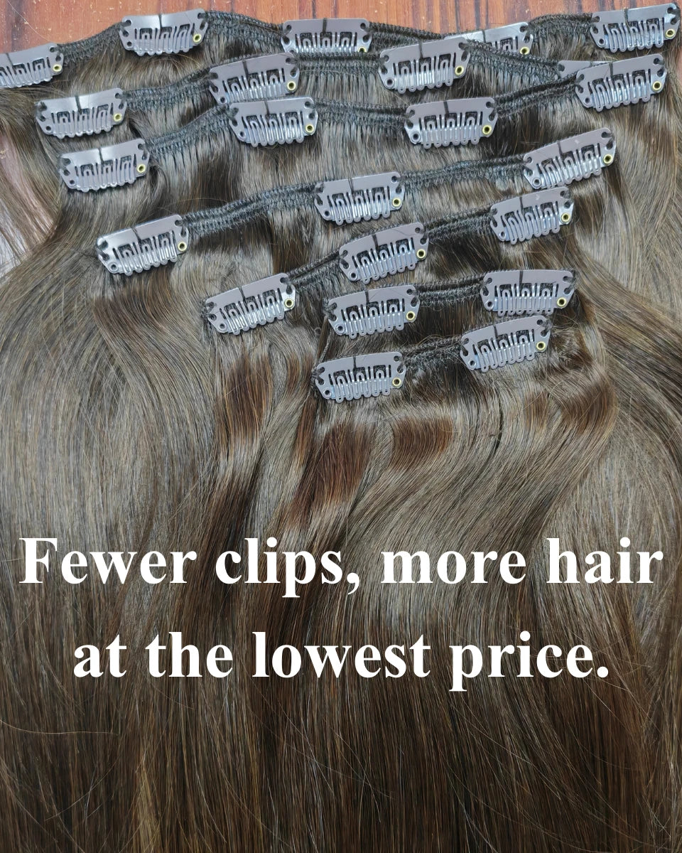 Clip-in extensions designed for thick hair that provide a full, voluminous style with fewer clips.