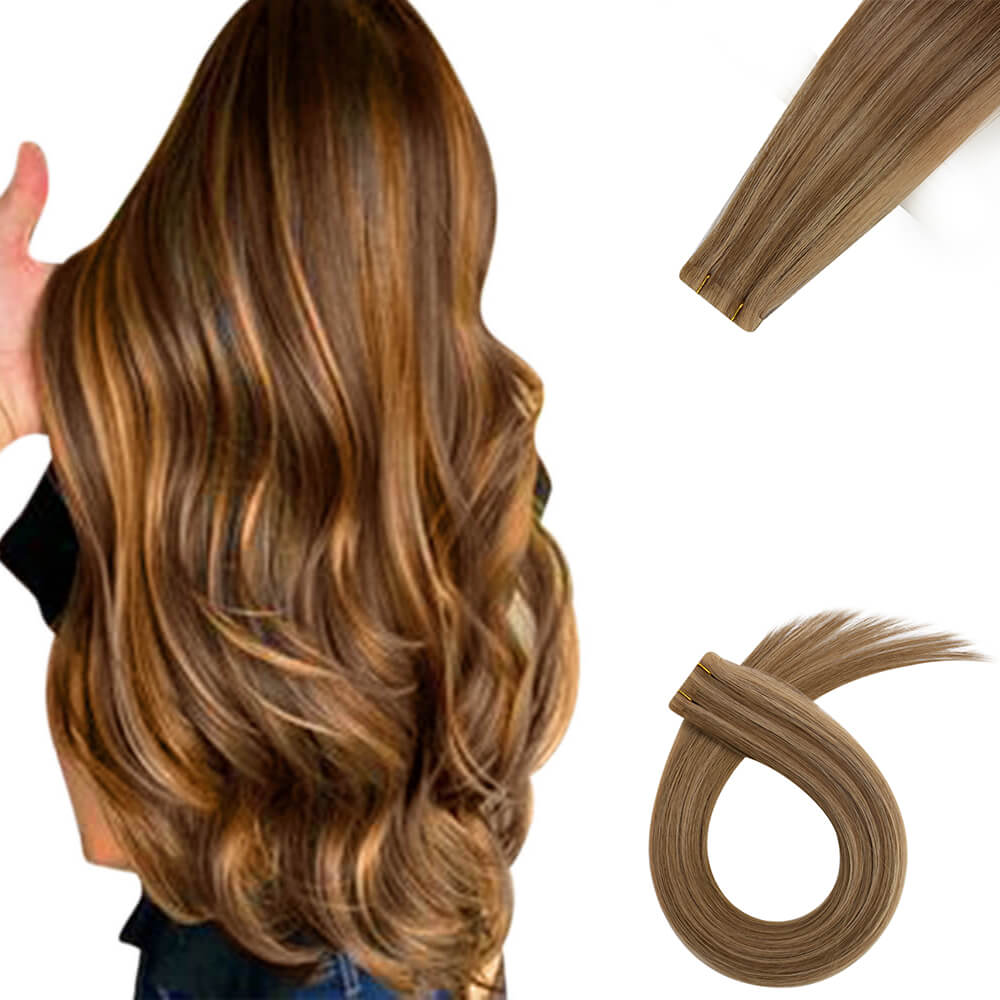 Tape in Hair Extensions Highlight Brown Blonde Real Human Virgin Hair Extensions#P6/10