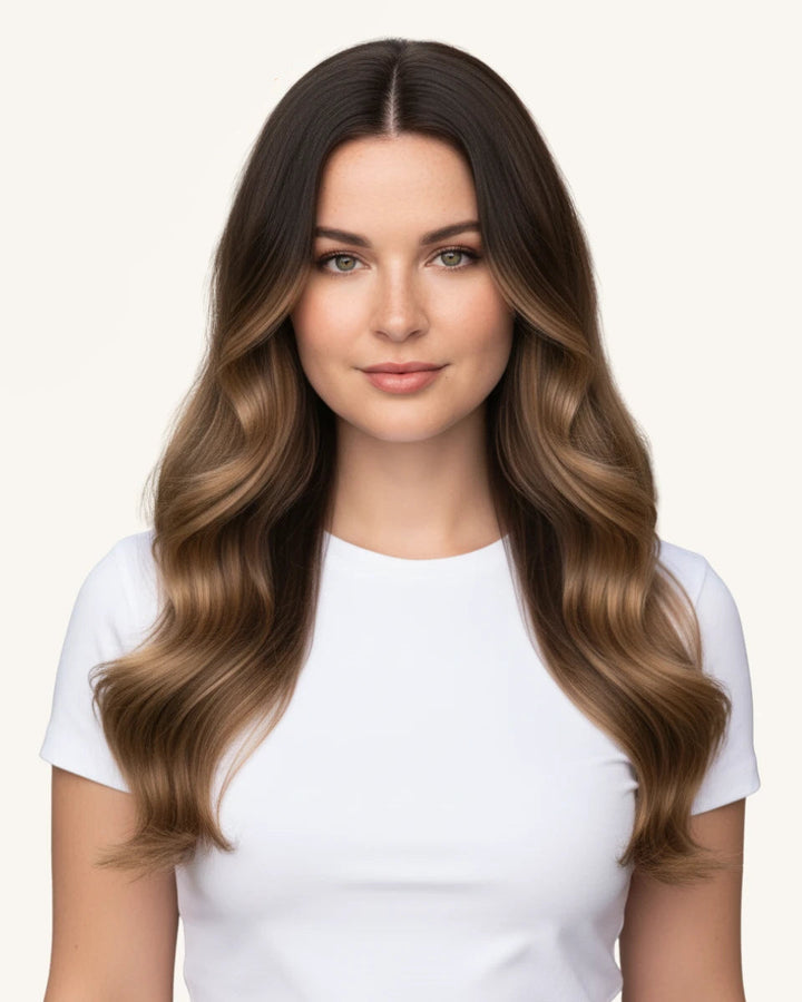 Brown root to blonde balayage clip-in hair extensions
