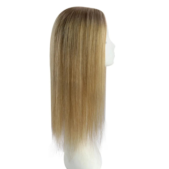 Natural transition hair topper with breathable fishnet base and rooted balayage color