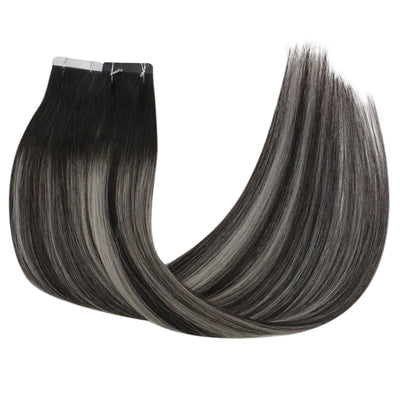 Ombre Brown Virgin Real Hair Extensions Tape in Hair #1B/Silver/1B