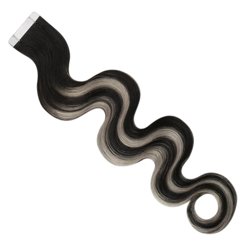 [SALE] Injected Tape In Extensions Virgin Hair Wave Black With Silver 10Pcs #1B/Silver/1B
