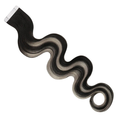 [SALE] Injected Tape In Extensions Virgin Hair Wave Black With Silver 10Pcs #1B/Silver/1B