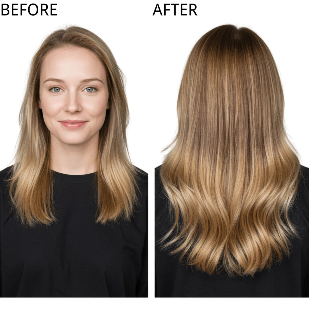 Before and after using Vivien invisible tape hair extensions