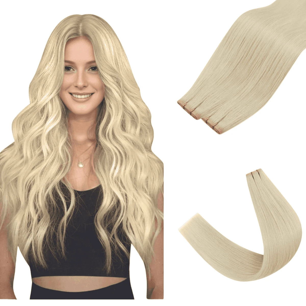 Virgin Weft Hair Extension Invisible Injected Flat Weft With Hole Platinum Blonde#60