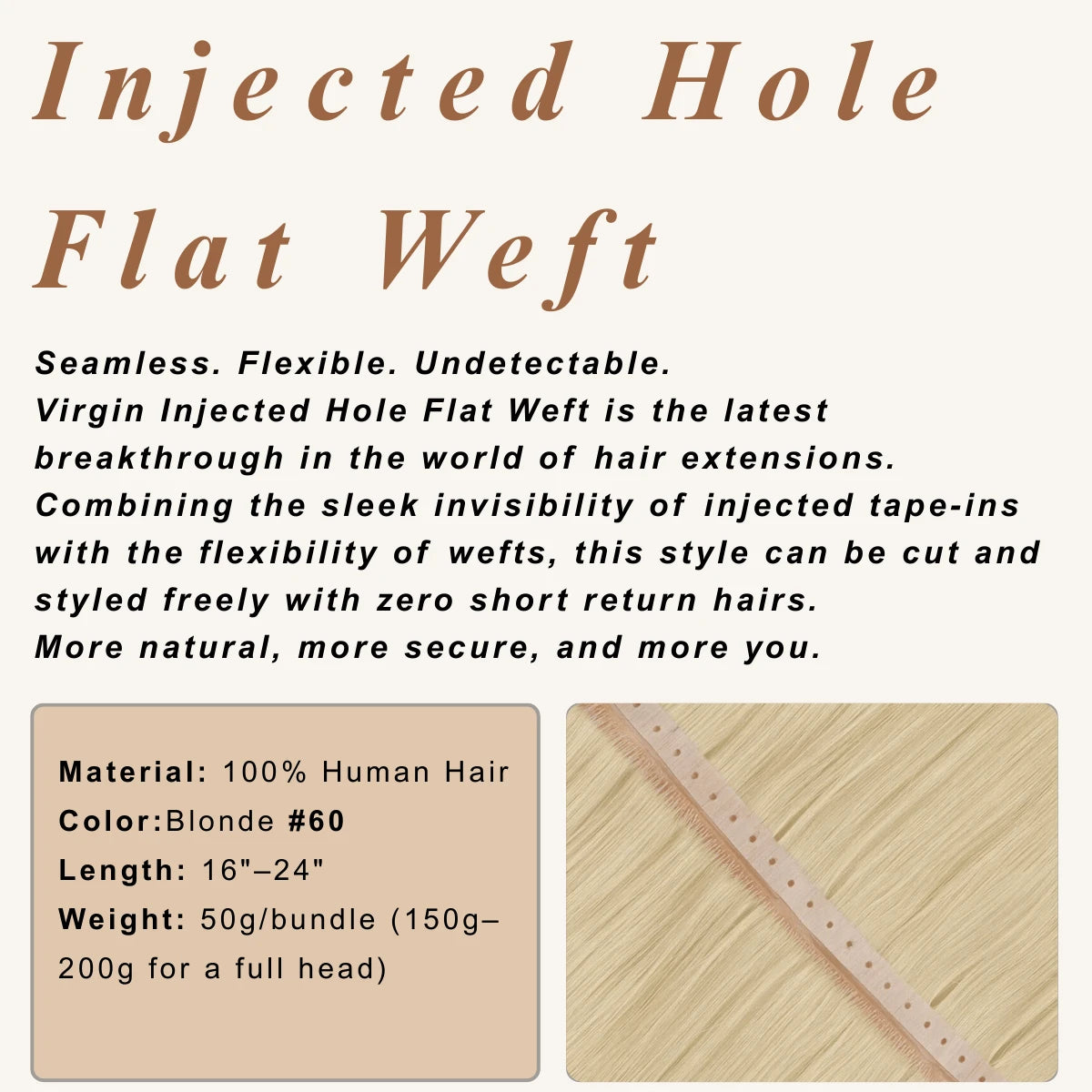 Virgin Weft Hair Extension Invisible Injected Flat Weft With Hole Platinum Blonde#60