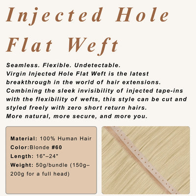 Virgin Weft Hair Extension Invisible Injected Flat Weft With Hole Platinum Blonde#60