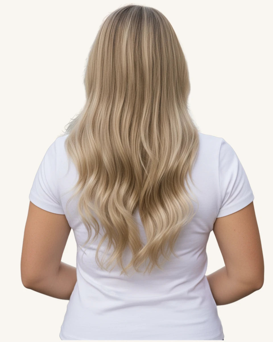 Texture detail of blonde highlighted clip-in extensions