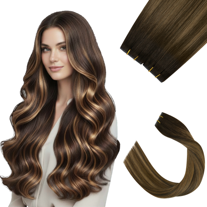 Virgin Weft Hair Extension Invisible Injected Flat Weft With Hole Balayage 