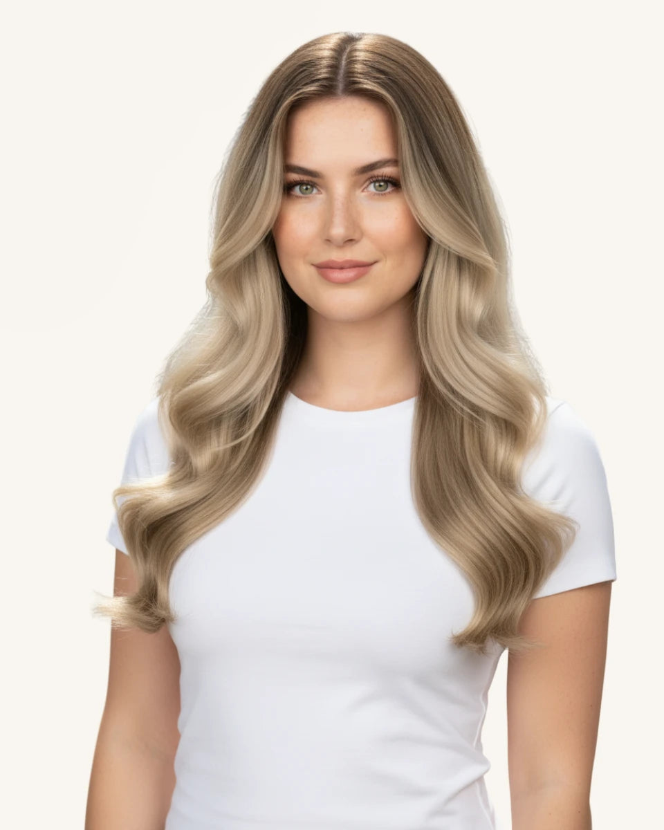 Natural brown root blonde ends balayage clip-ins