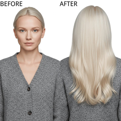 Before and after photo of genius weft hair extension results