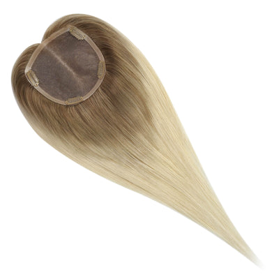 [150% High Density Upgrade] Large Hair Topper Slanted bangs Hand Made Hairpieces Highlights Blonde For Women  (#T10/613)