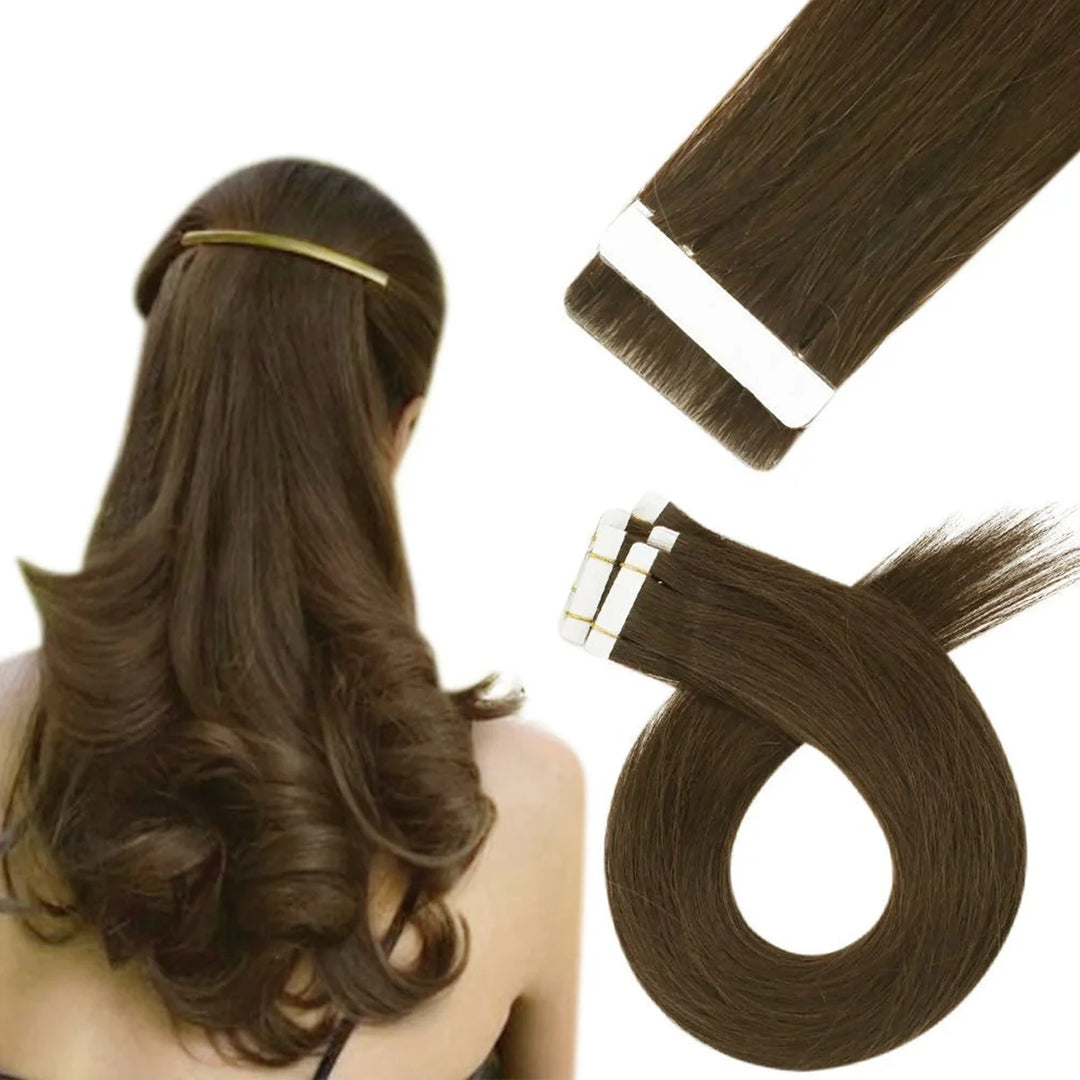 medium brown VIRGIN invisible tape in hair for women