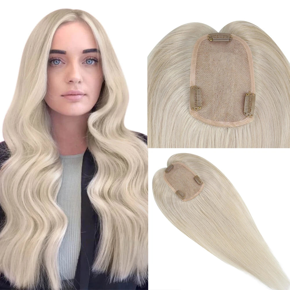 Color 60 platinum blonde human hair topper for cool-toned blonde hair