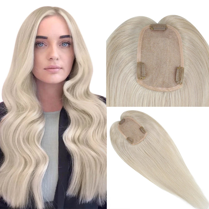 Color 60 platinum blonde human hair topper for cool-toned blonde hair