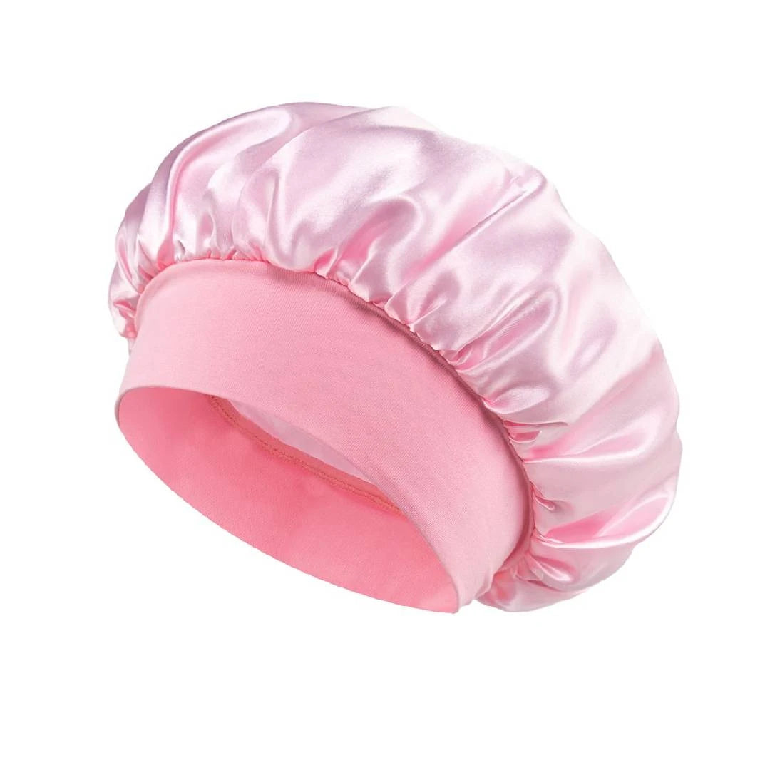 A silk-like sleep cap designed to provide a comfortable sleeping experience while protecting the hair.
