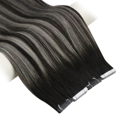 Ombre Brown Virgin Real Hair Extensions Tape in Hair #1B/Silver/1B