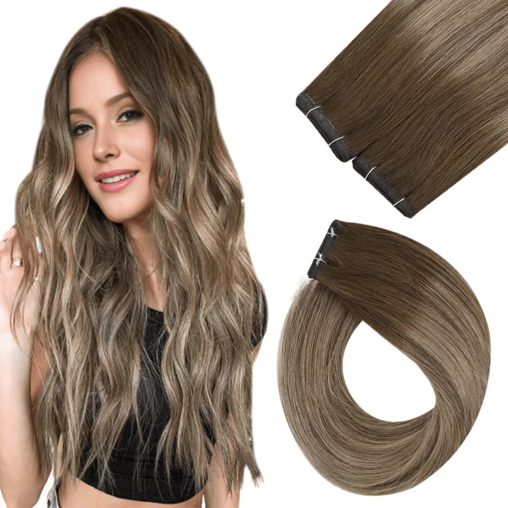 vivien virgin hair flat silk weft 100% real human sew im hair extensions balayage brown soft hair