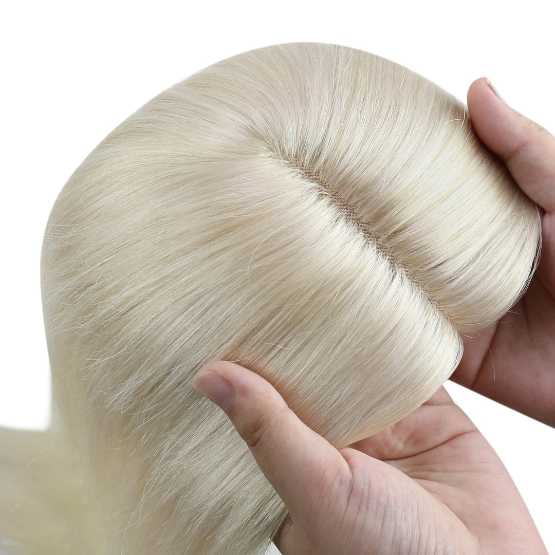 [US Only][Half Price] [150% High Density Upgrade] Real Remy Clip in Crown Large Hair Topper Hand-Made Hair Piece Platinum Blonde Without Bangs (
