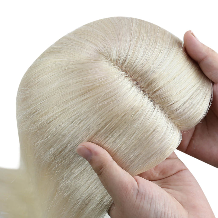 [US Only][Half Price] [150% High Density Upgrade] Real Remy Clip in Crown Large Hair Topper Hand-Made Hair Piece Platinum Blonde Without Bangs (