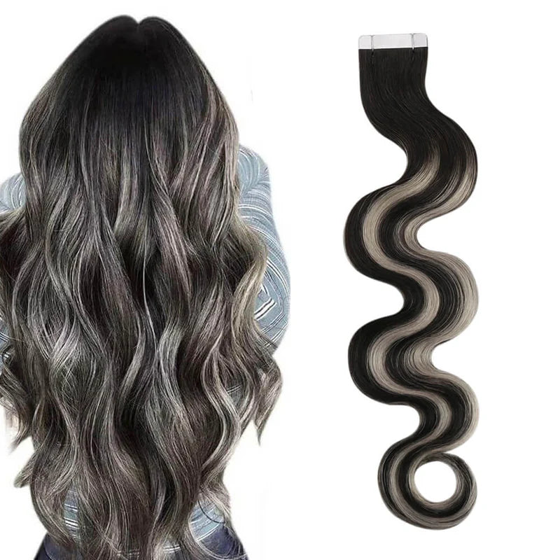 [SALE] Injected Tape In Extensions Virgin Hair Wave Black With Silver 10Pcs #1B/Silver/1B