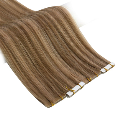 Tape in Hair Extensions Highlight Brown Blonde Real Human Virgin Hair Extensions#P6/10