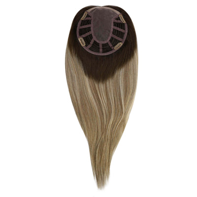 [US Only][Half Price]Virgin 100% Human Hair Topper With Clips Mono Base Large Base Dark Brown Ombre Blonde Human Hair Pieces  #3/8/22